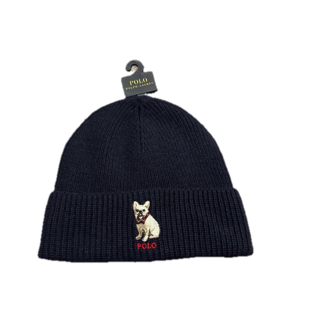 Polo Ralph Lauren Mens Navy French Bulldog Embroidered Ribbed Beanie Hat NWT